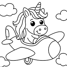 Airplane with Unicorn Pilot Coloring Page