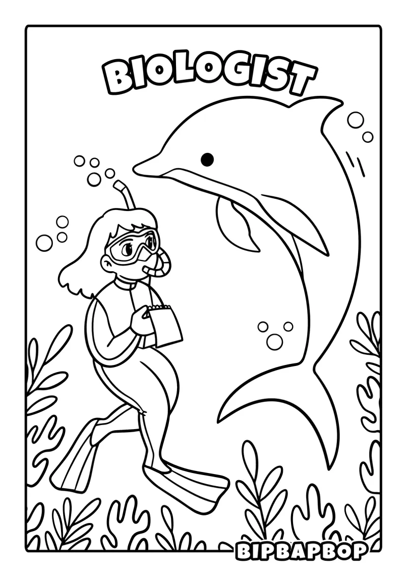 A girl biologist swimming in the sea taking notes about a dolphin