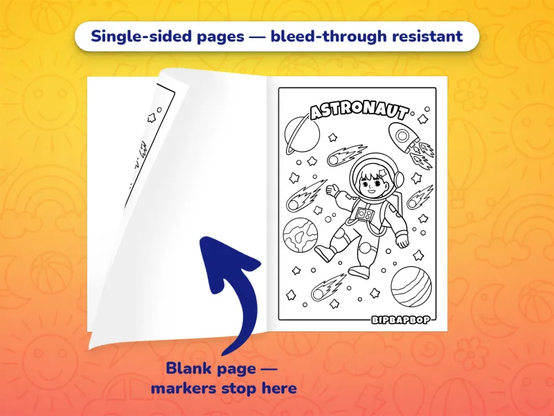 The coloring book for girls open with a girl astronaut to color on the right and a blank page on the left to prevent bleed-through from markers