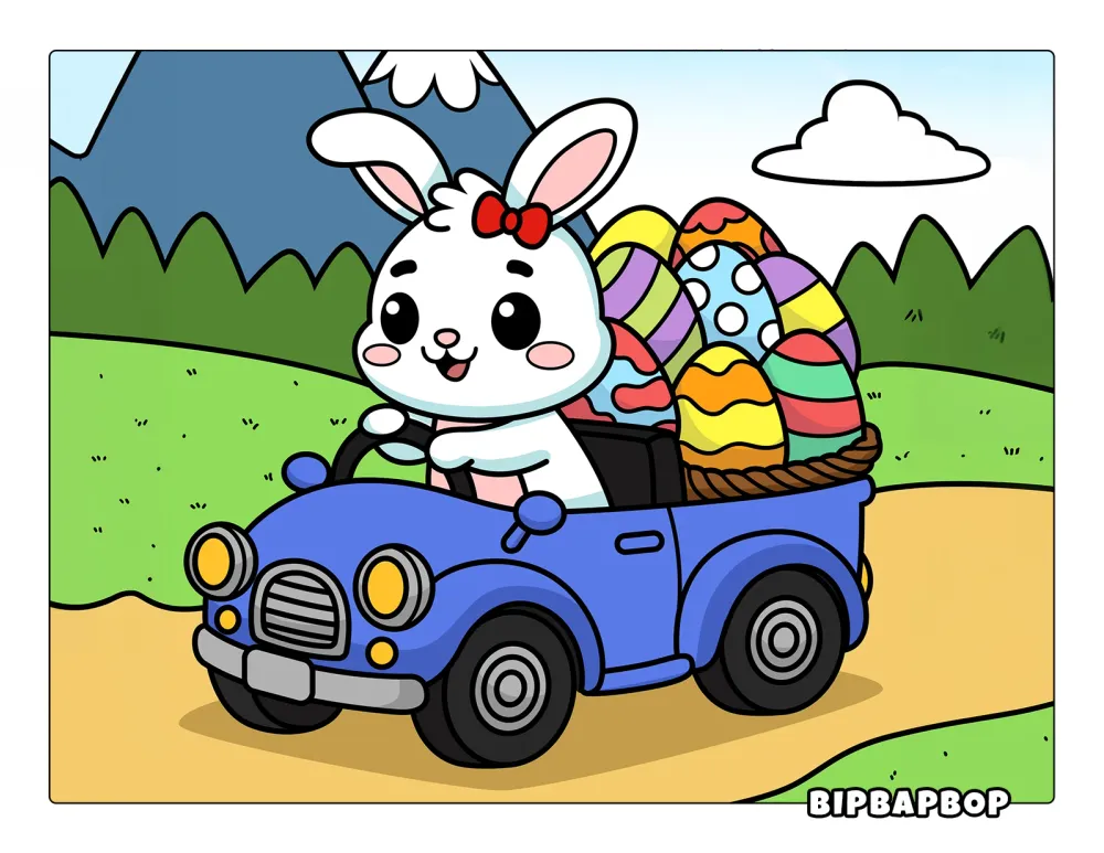 A hand-drawn coloring page of a bunny driving a car