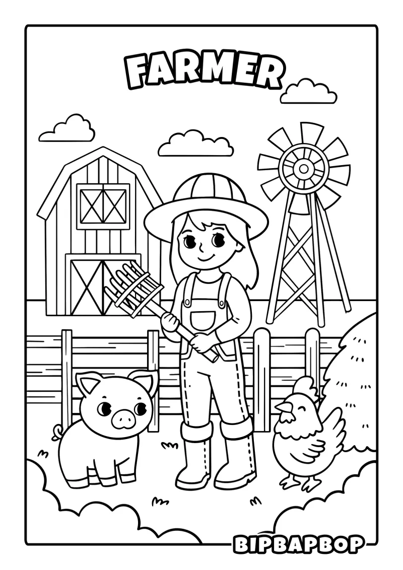A girl farmer by a barn with farm animals