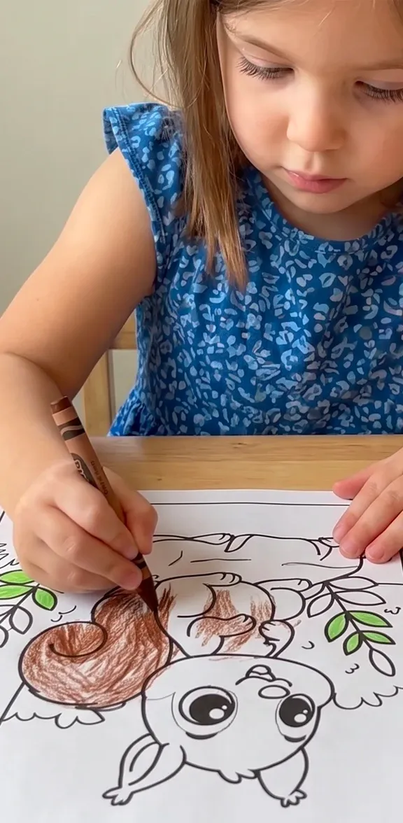 A girl coloring an animal page at a table