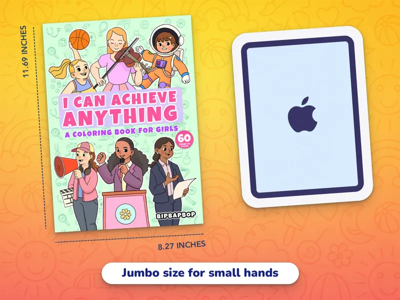 A comparison of the girls coloring book cover with an iPad demonstrating how large the jumbo-size pages are