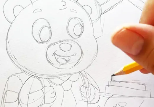A bear character being hand-drawn in pencil