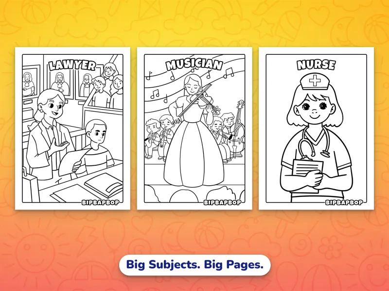 Portrait dream-big career coloring pages for girls — a lawyer making a case in a courtroom, a musician performing a solo on the stage, a nurse doing her rounds