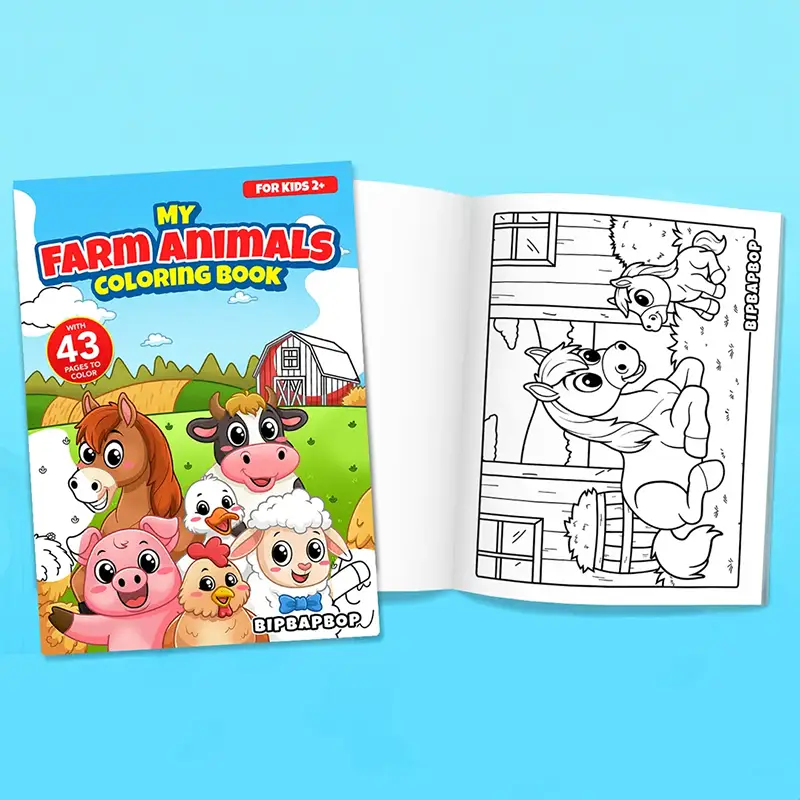 farm animals coloring book front cover with a horse, a cow, a pig, a duck, a chicken and a sheep in front of a barn