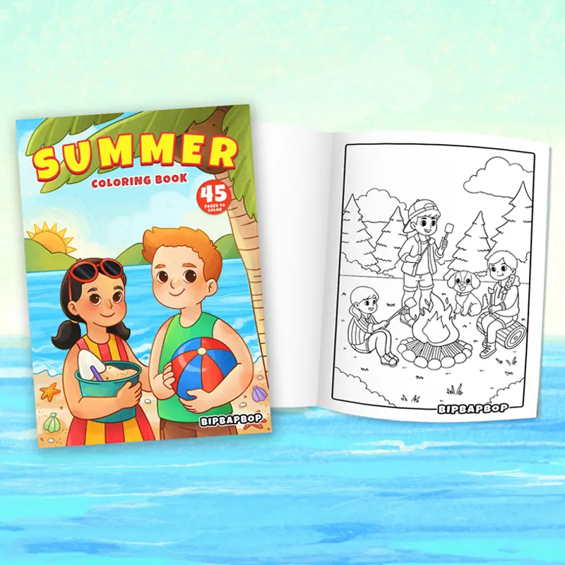 summer coloring book front cover with a boy and a girl on the beach