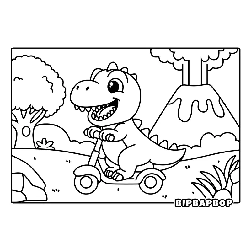 a baby dino riding a scooter