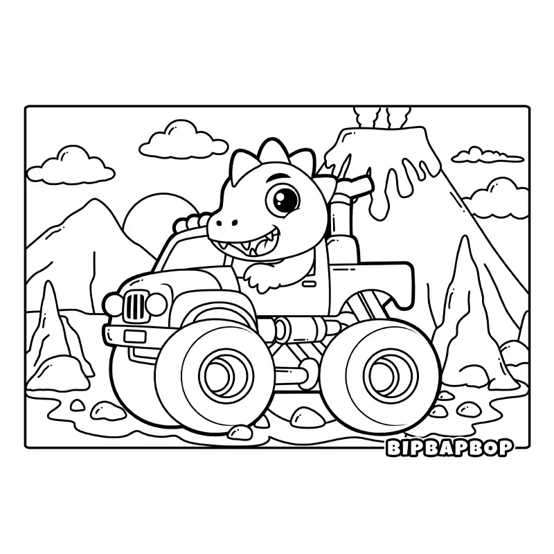 a dinosaur driving a monster truck with a volcano erupting in the background