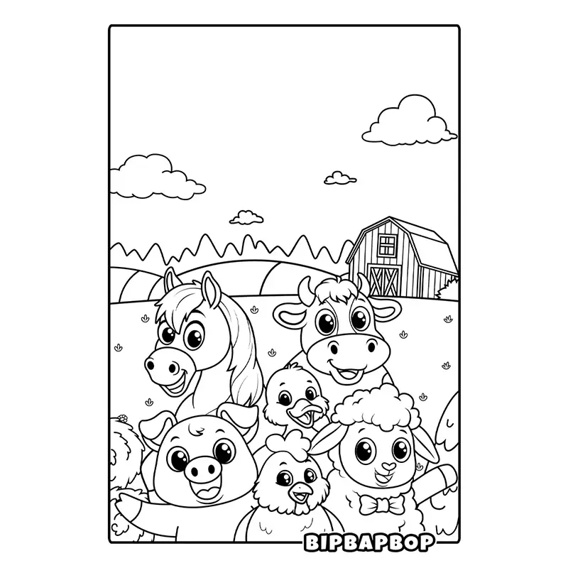 farm animals coloring page with a horse, a cow, a pig, a duck, a chicken and a sheep in front of a barn