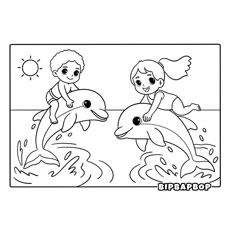 a boy and a girl riding jumping dolphins