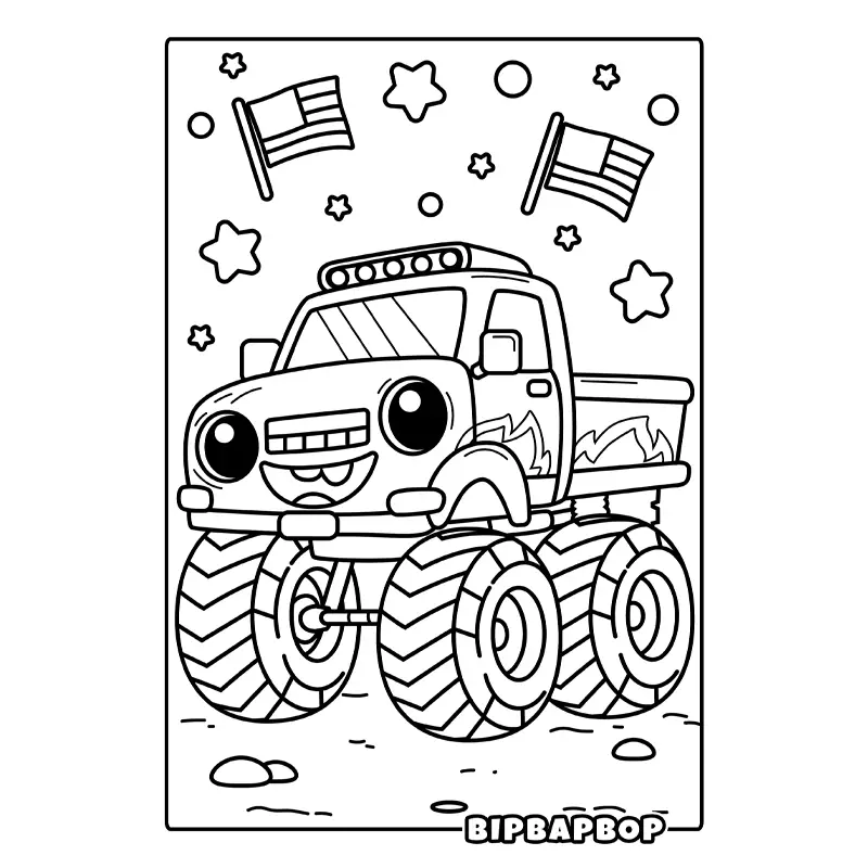 a monster truck with a fire design and american flags and stars in the background