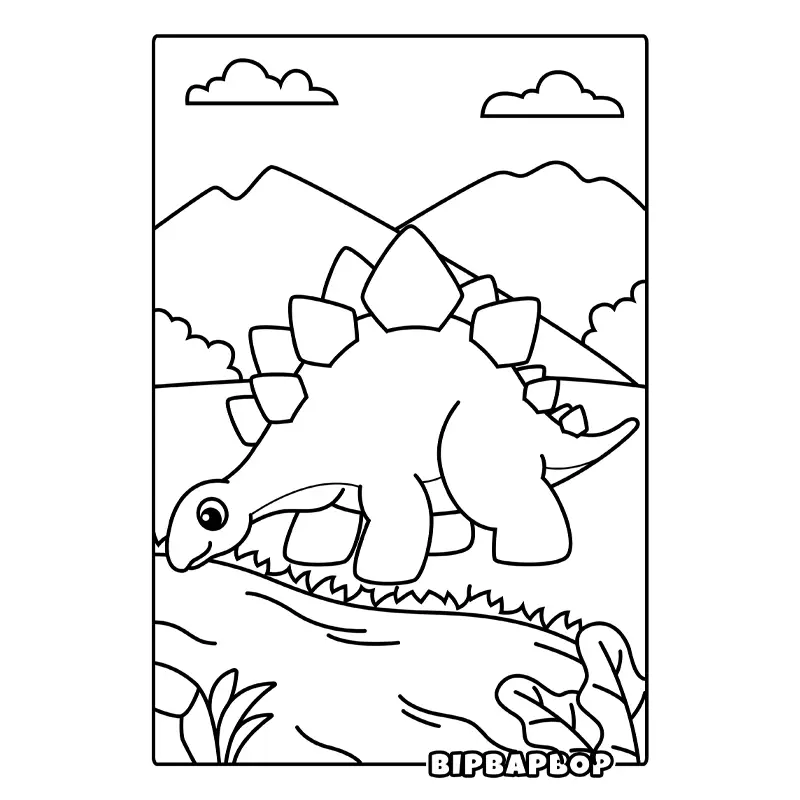 a stegosaurus drinking water from a stream