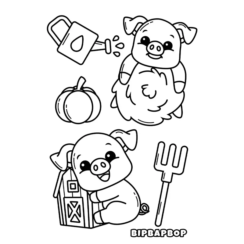 happy pigs with a barn, a pitch fork, a watering can and a pumpkin