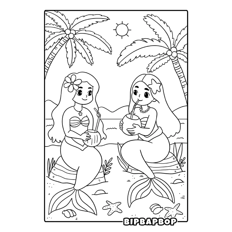 mermaids drinking coconut juice on a tropical beach