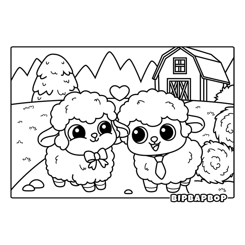 boy and girl sheep with a heart standing in front of a barn