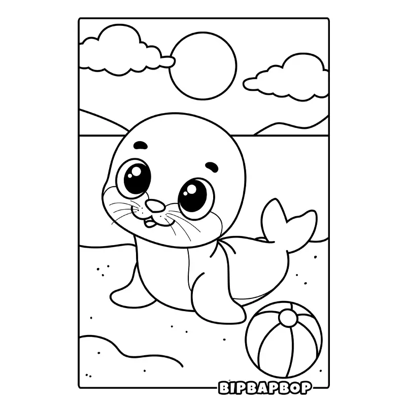 cute baby seal on the beach with a ball on a sunny day