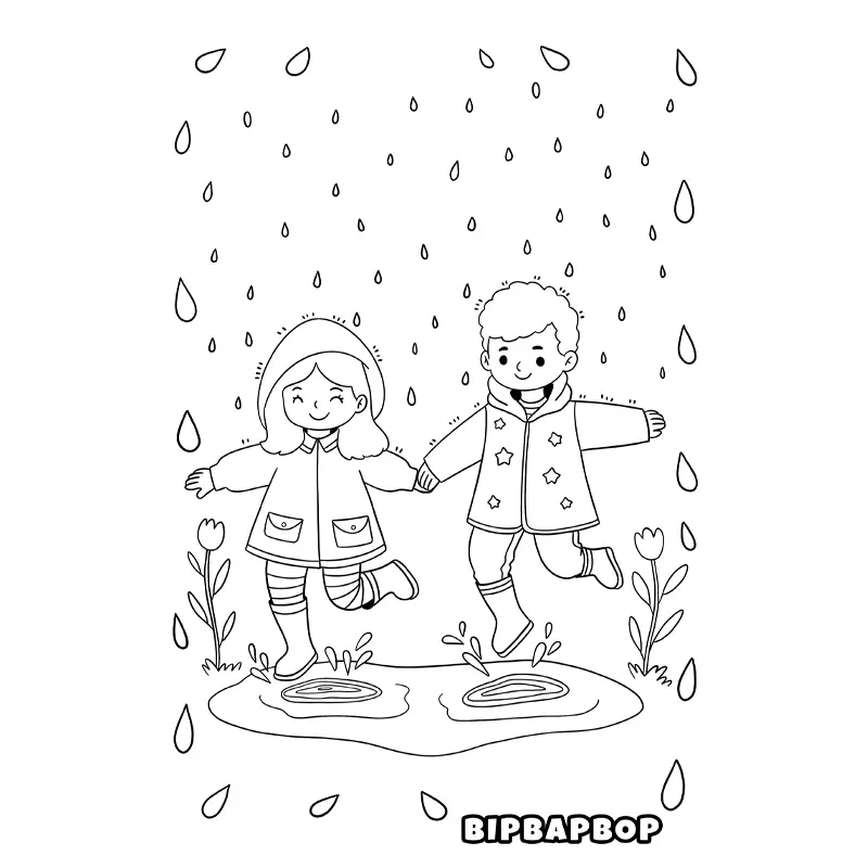 a girl and a boy in rain boots and rain jackets splashing in a spring puddle during a rain shower