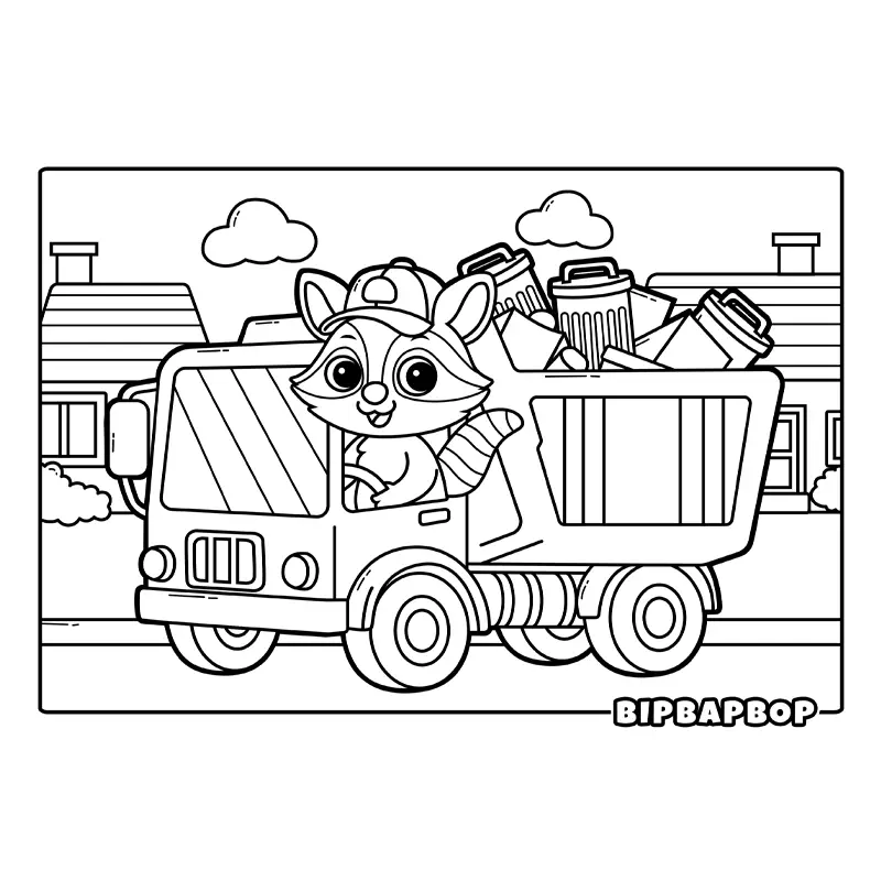 a racoon driving a garbage truck with bins along a neighborhood street