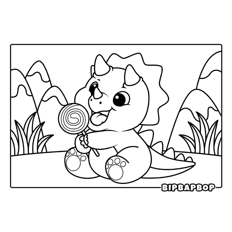 a baby triceratops licking a lollipop