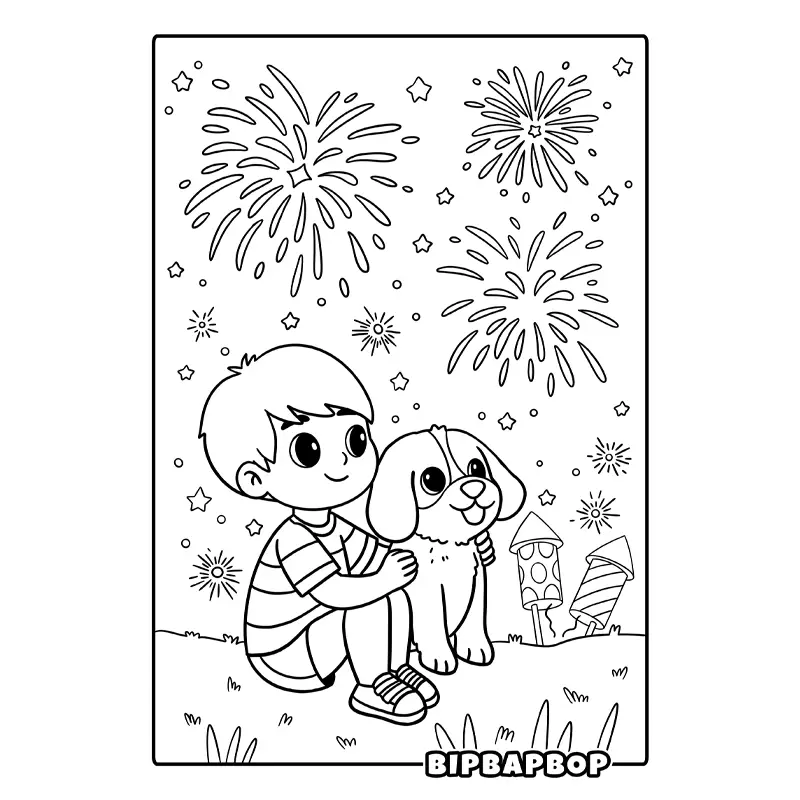 a boy and his dog watching fireworks on the 4th July