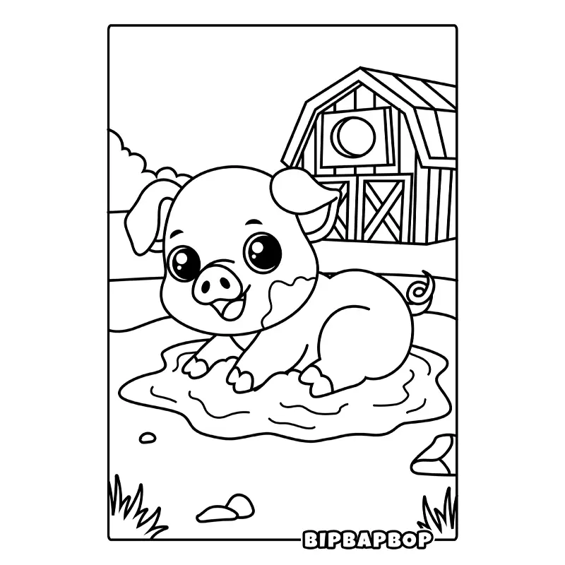 cute baby pig playing in the mud in front of a barn