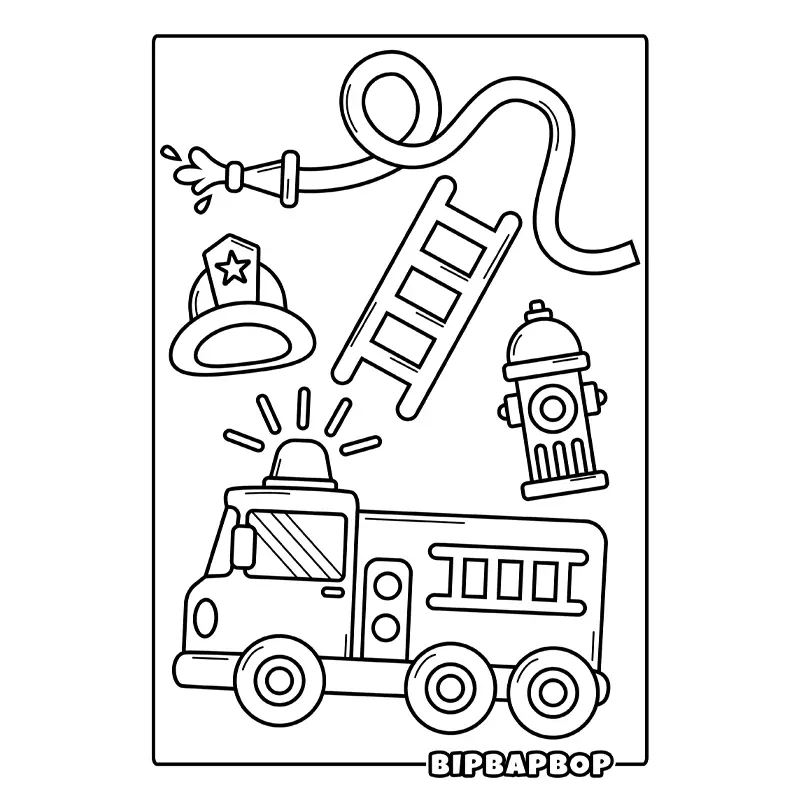 a fire truck with a fire hydrant, a fireman's helmet, a hose and a ladder