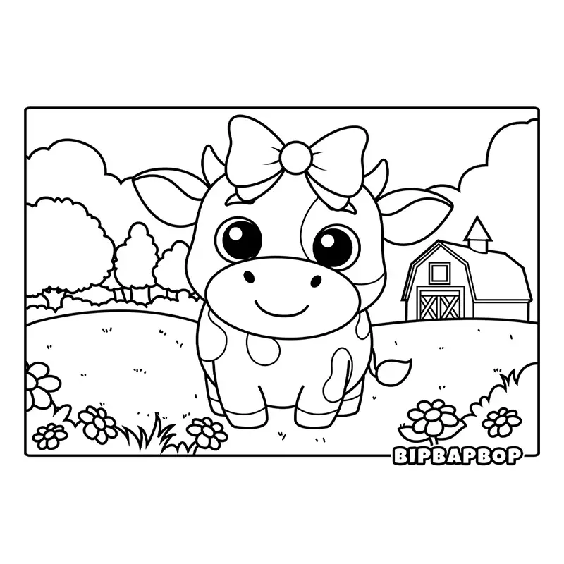 cute girl cow with ribbon standing in a field in front of a barn