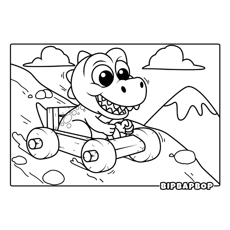 a baby t-rex driving a prehistoric car