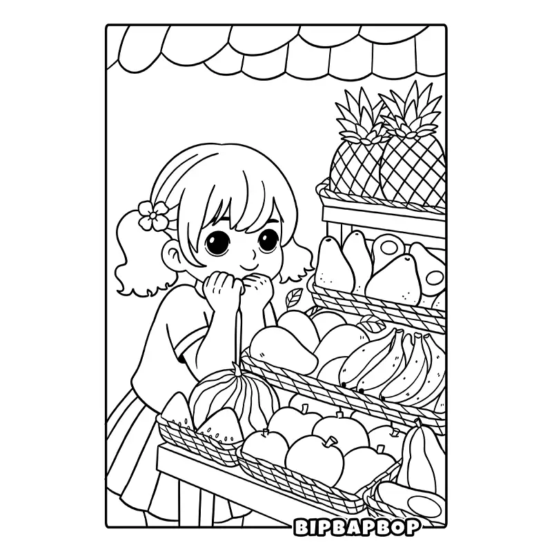 a girl by a fruit stall looking at tropical fish