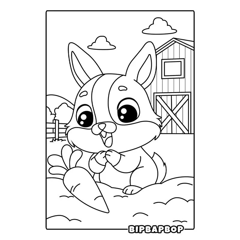 a hungry bunny rabbit with a carrot in front of a barn on the farm