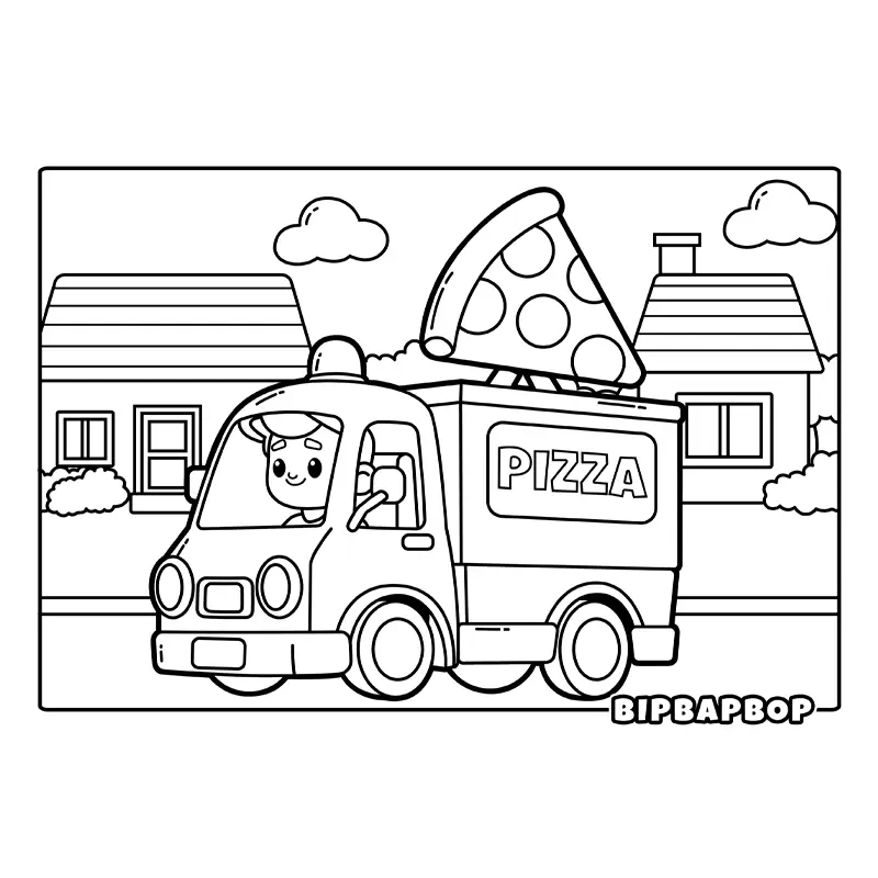 a boy driving a pizza delivery van, with a big slice of pizza on top, down a neighborhood street