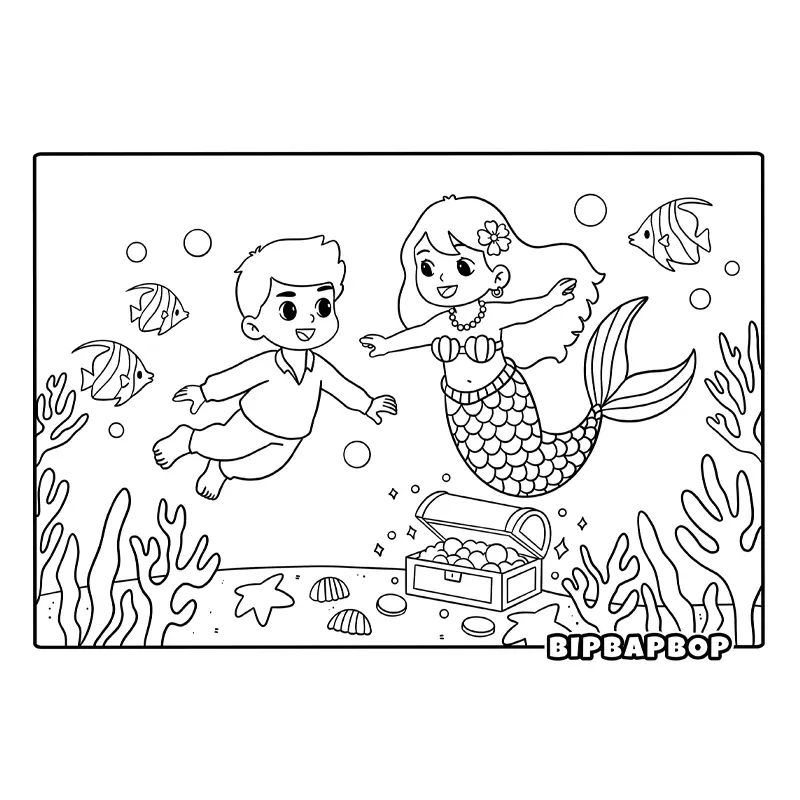 a boy and a mermaid swimming with fish next to a treasure box under the sea