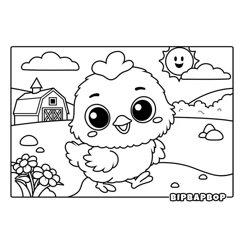 cute baby chick in a farm field in from of a barn