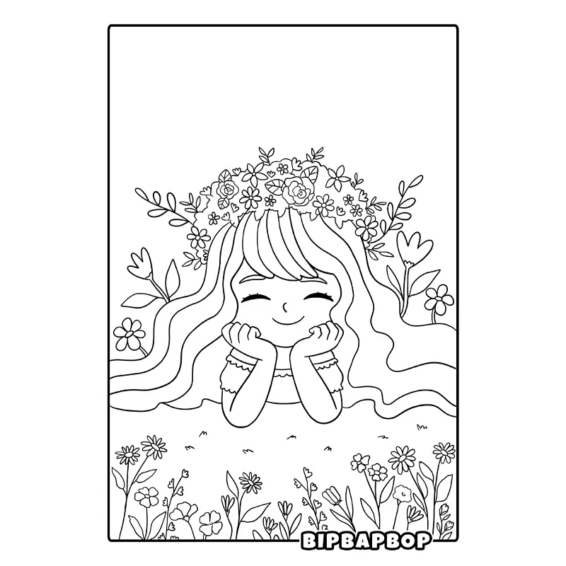 a girl lying in a field of flowers with a flower crown in her hair