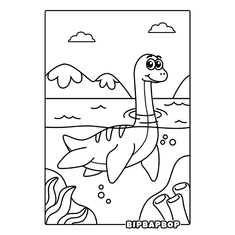 a plesiosaur with it's head poking out of a lake