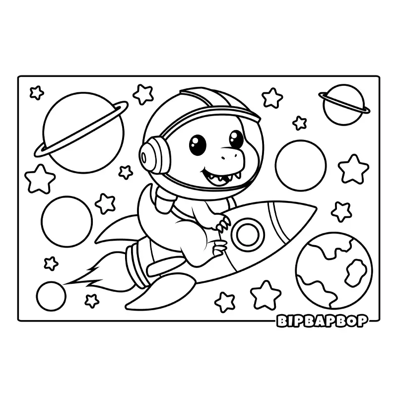 a dinosaur astronaut riding a rocket in space with planets and stars all around