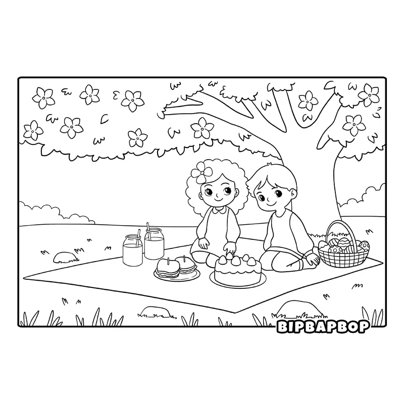 kids having a picnic under a tree with lemonade, sandwiches, cake and easter eggs