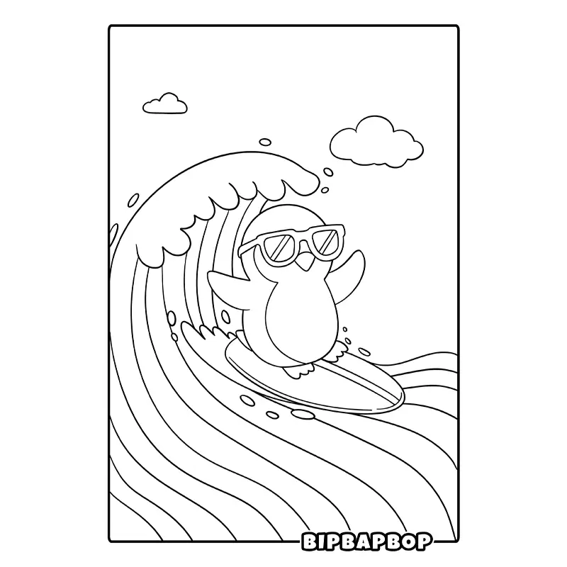 a penguin in sunglasses surfing a huge wave