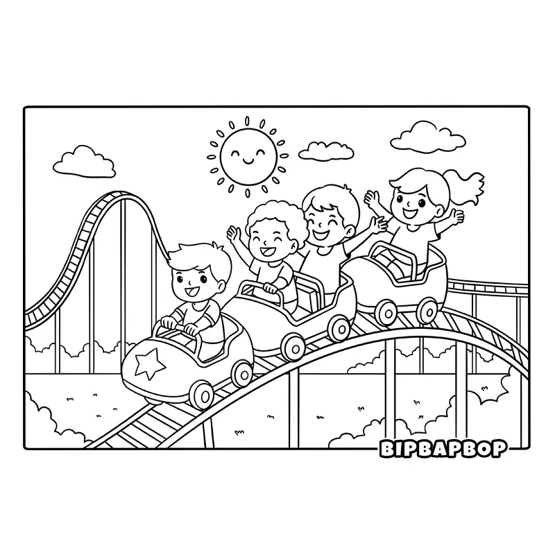 kids riding a rollercoaster at a theme park