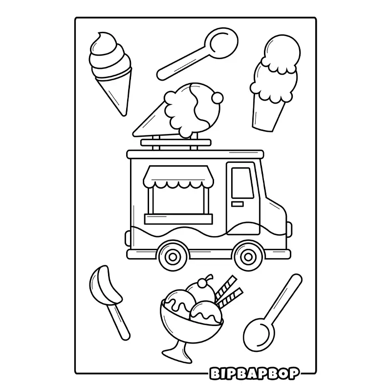 an ice cream truck with a big icecream on top and different kinds of icecreams and scoops