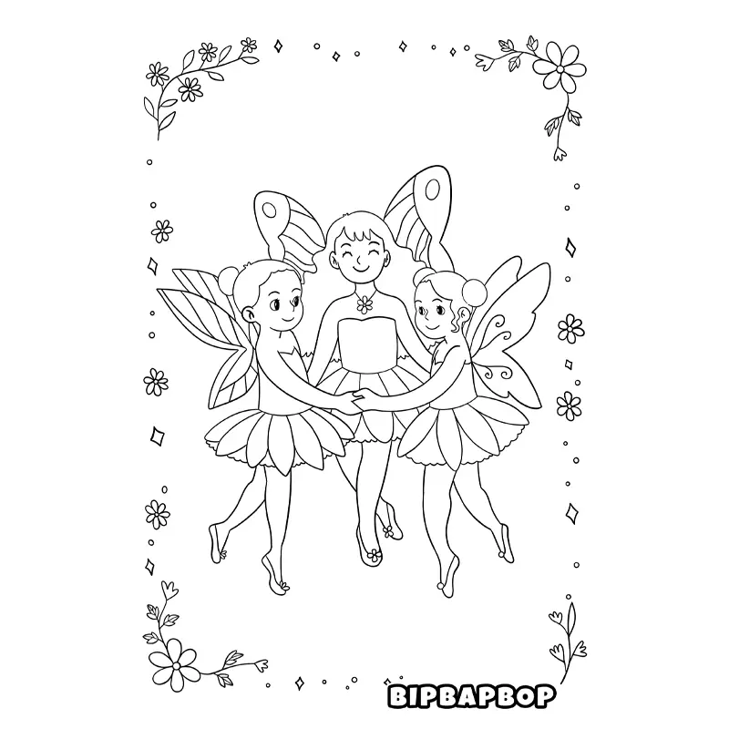 three fairies holding hands and flying in the air