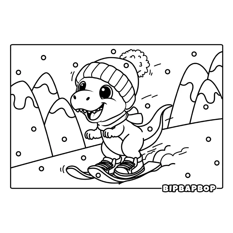 a cute baby tyrannosaurus with a scarf and woolly hat skiing down a snowy mountain