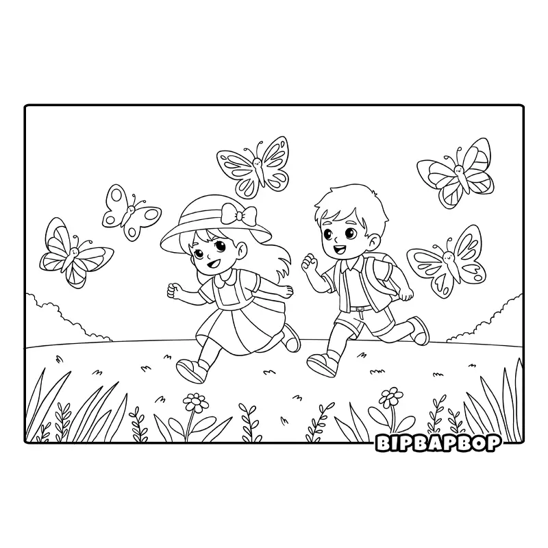 a girl and a boy chasing butterflies as they run through a spring meadow