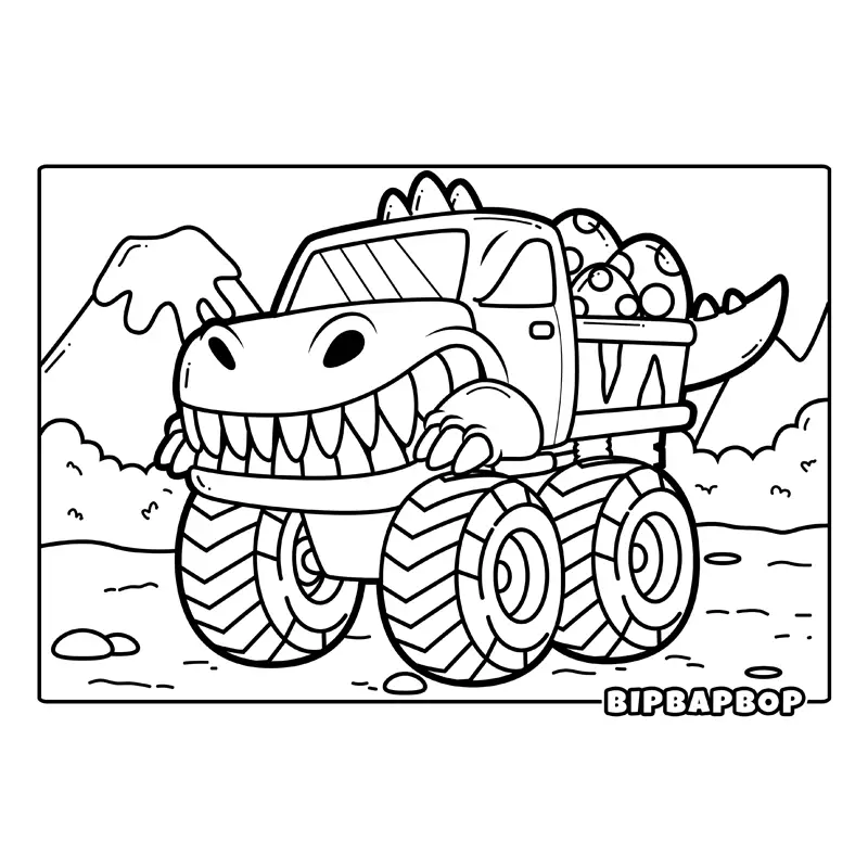 a monster truck that is actually a monster, with growling teeth and dinosaur eggs in the back and a tail