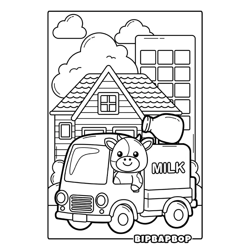 a happy cow driving a milk truck down a neighborhood street