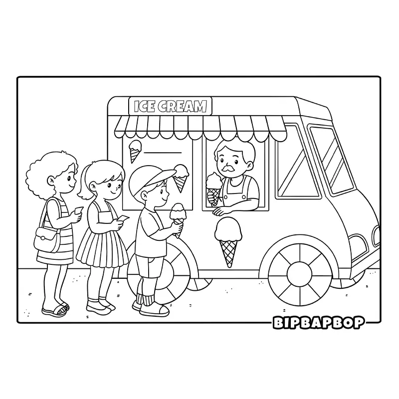 kids lining up at an ice cream van for ice creams