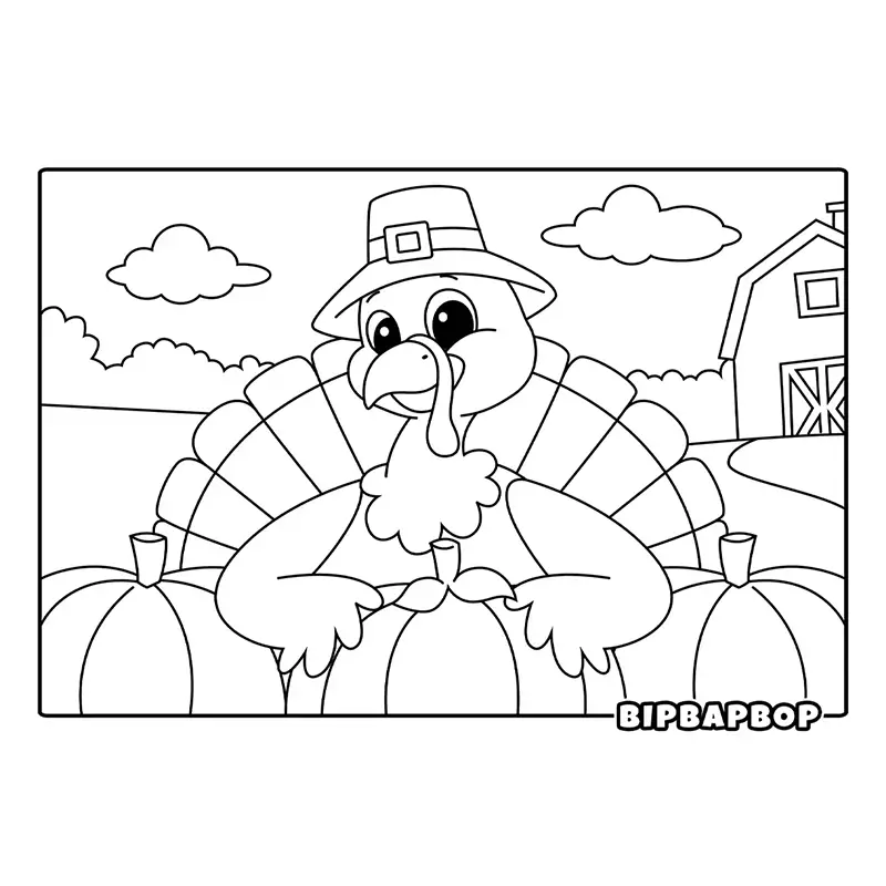 a turkey wearing a pilgrim hat standing behind some pumpkins on a path from a barn