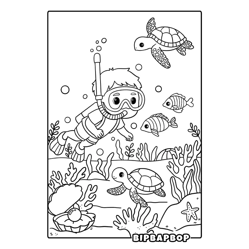 a boy with a snorkel diving under the sea with turtles and fish