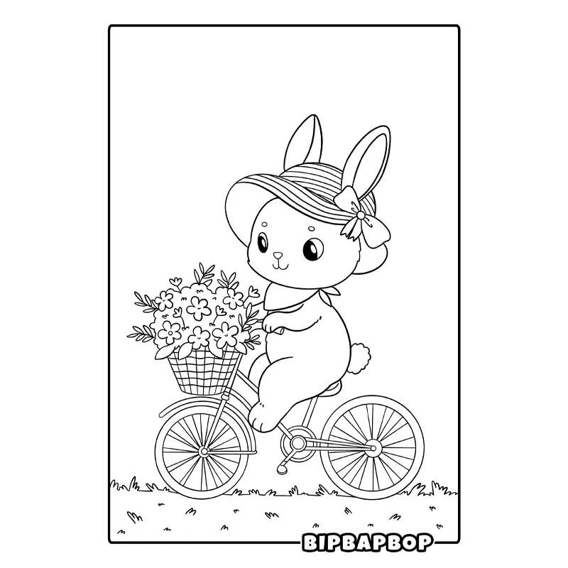 a bunny rabbit wearing a hat with a bow riding a bike with its basket full with flowers